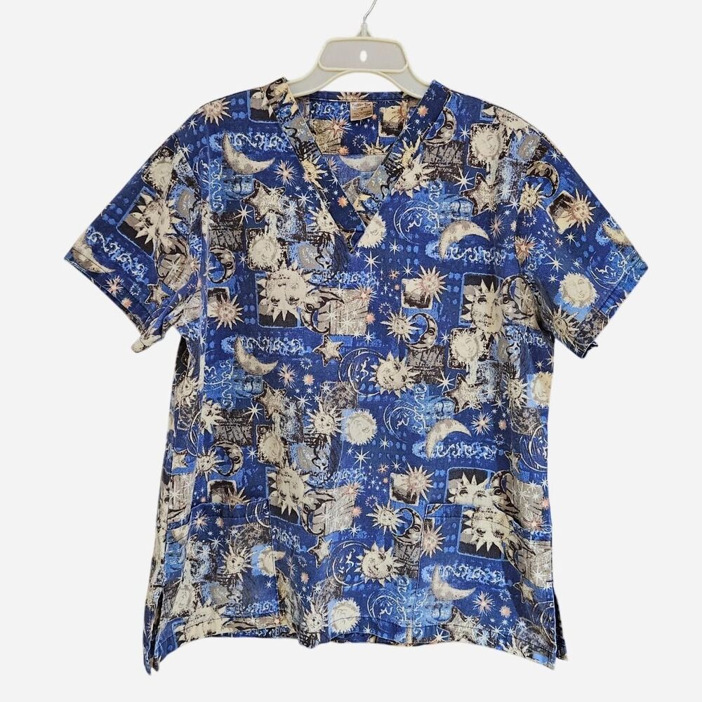 90s celestial whimsigoth blue sun moon print scrub top